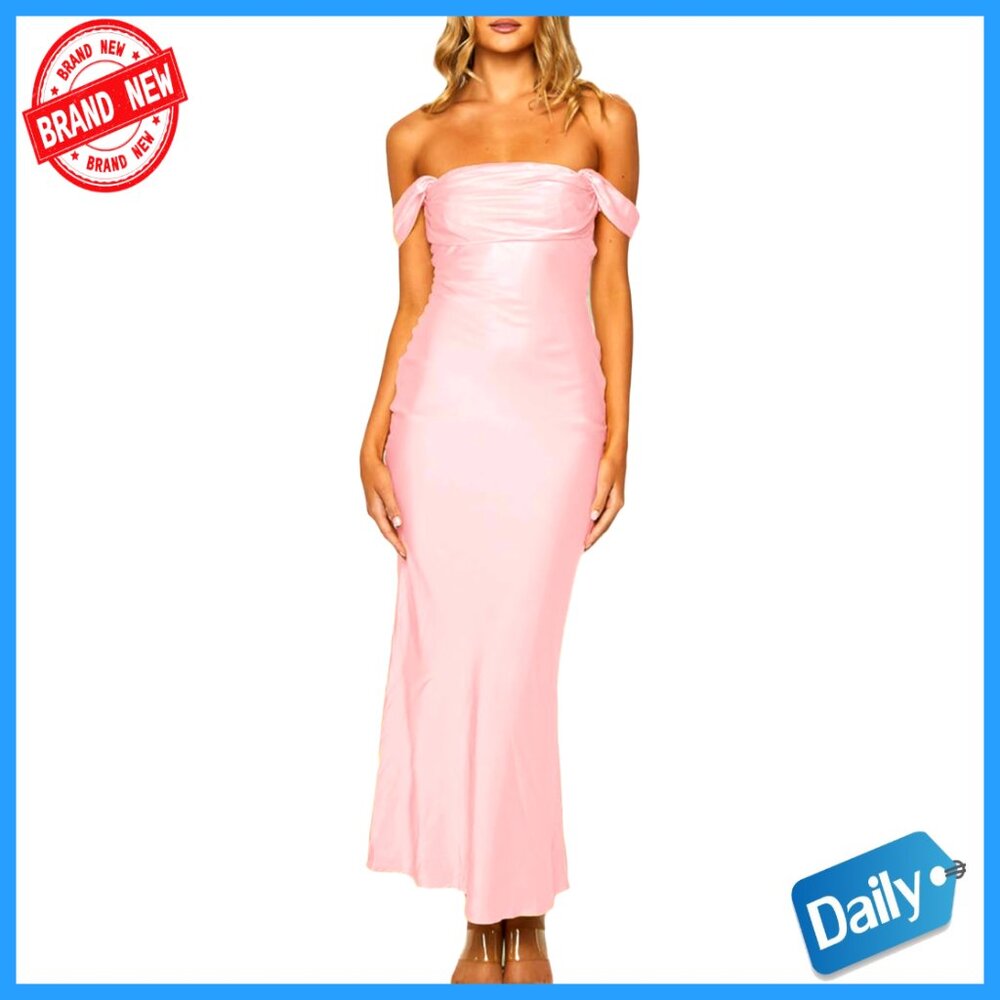 Satin Off Shoulder Backless Maxi Dress Ruched Elegant Formal Evening Party Wear
